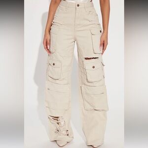 NEW FashionNova Beige Distressed Denim Cargo Jeans
